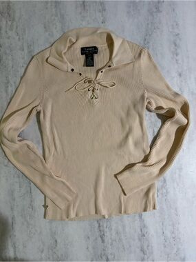 Lauren Ralph Lauren Ribbed Lace-Up Light Yellow Sweater - Small / Petite